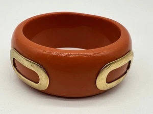 Vintage MCM Orange Bakelite Bangle Bracelet With Gold Embellishing 1.25” Wide - Picture 1 of 10