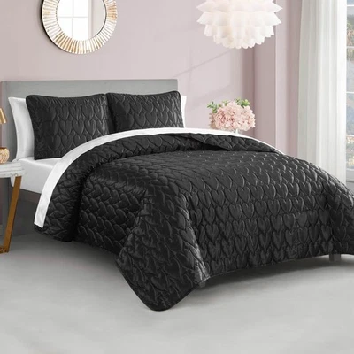 Satin Heart Stitched 2 Piece Twin/Twin XL Quilt Set, Black Luxury Bedding Set - Image 1 of 4