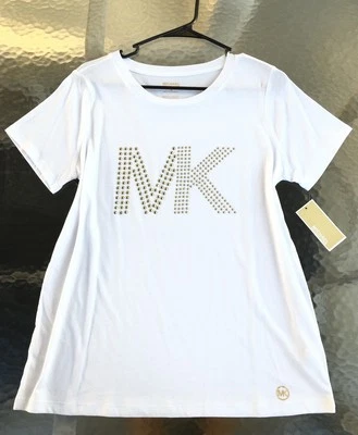 Nuevo con etiquetas Camiseta para mujer Michael Kors Top Blanco Dorado Tachonado Logo XL Foto 1 de 4