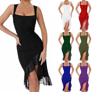 Sexy Womens Sleeveless Party Evening Bodycon Midi Ruched Mesh Ruffles Dress SIZE - Picture 1 of 25