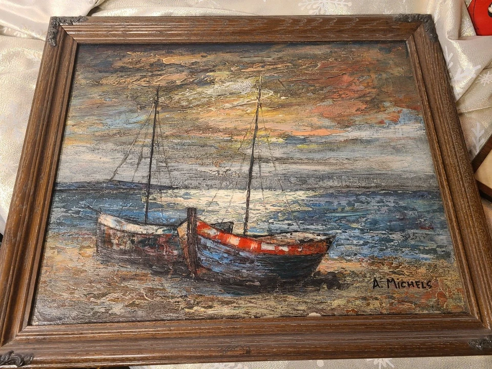 Антикварные Масло на Холсте, Морские, Рыболовные Лодки на Пляже "A. Michels" 1950-е - Изображение 1 из 4