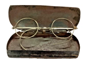 Vntg Goggle Edwardian Style Silver Coated Brass Wire Round Rim Spring Arms &Case - Picture 1 of 7
