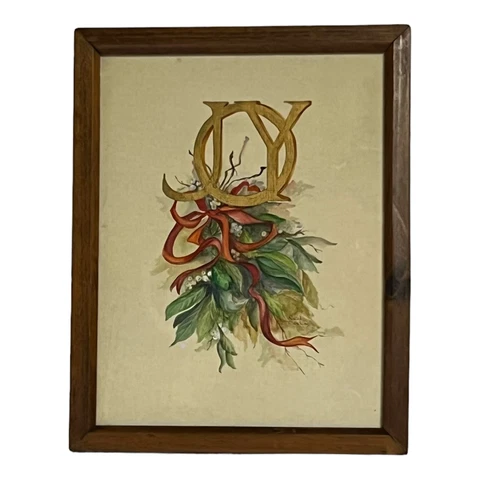 Vintage Christmas Holiday Framed picture joy Art Gold With Red Ribbon Holly Cover