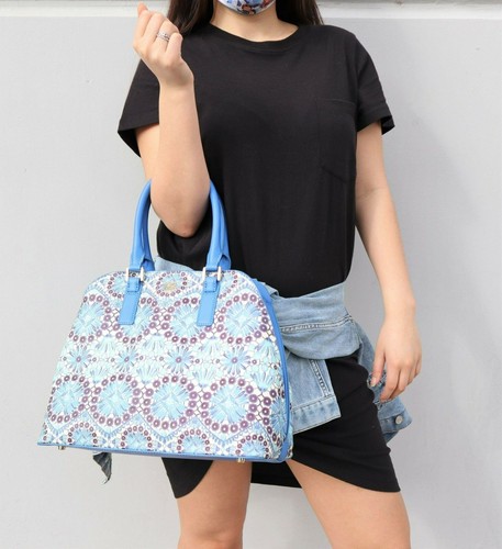 Borsa Tory Burch Robinson stampata triangolo blu nuova con etichetta