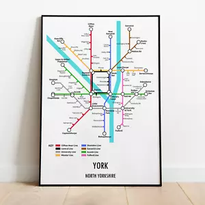 York North Yorkshire U-Bahn Stil Transport Kunst Karte Druck A3 A4 - Bild 1 von 2