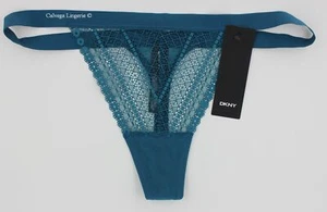 NUEVO CON ETIQUETAS DKNY DK8536 "Encaje y malla" Tanga de cuerda ligera de tiro bajo, verde azulado oscuro, L - Imagen 1 de 5