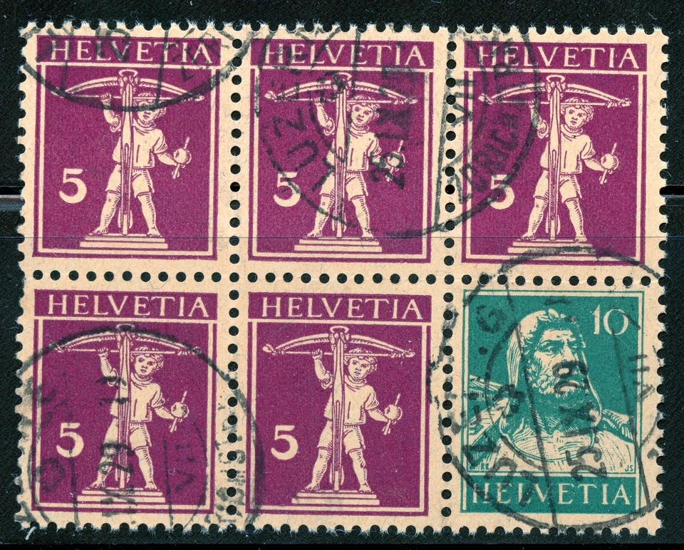 Switzerland Sc #160a, Used.  Booklet Pane of 6 (5-#160;1-#168); 2019 SCV $100.00 - Image 1 of 1