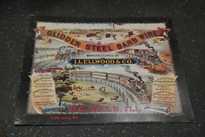 Vintage Glidden Steel Barb Wire Ellwood Co Metal Sign - Picture 1 of 3