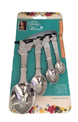 Pioneer Woman Measuring Spoons Cowboy Rustic Design Silver Set Of 4 - New - Image 1 of 4