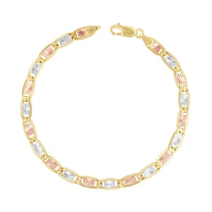 14K Solid Yellow Rose White Tri Gold 6mm Chain Womens Mens Bracelet Anklet 9" - Picture 1 of 9