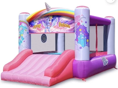 Casa de rebote de aire de acción, gorila inflable rosa con tobogán de unicornio volador buen estado Foto 1 de 4