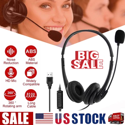 USB Headset Headphone With Microphone Noise Cancelling For PC Computer Call Chat - Image 1 of 4