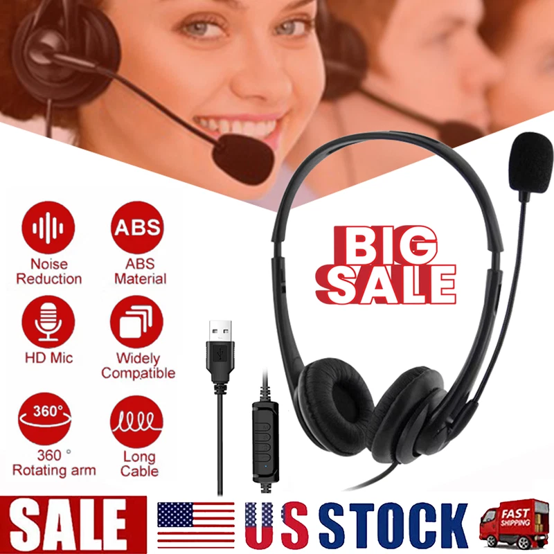 USB Headset Headphone With Microphone Noise Cancelling For PC Computer Call Chat - Image 1 of 4