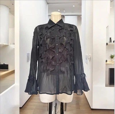 Blusa Komarov Negra Transparente Manga Larga Arrugada Volantes Cuentas Adornada Talla S Foto 1 de 4