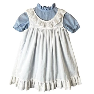 VTG Winnie The Pooh Dress Girls Sz 7 Prairie Cottage Lace Ruffle Pinafore Blue - Picture 1 of 13