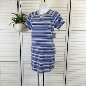 New Title Nine Hideaway Sweatshirt Dress Blue Horizon Stripe Short Sleeve Size S - Picture 1 of 12
