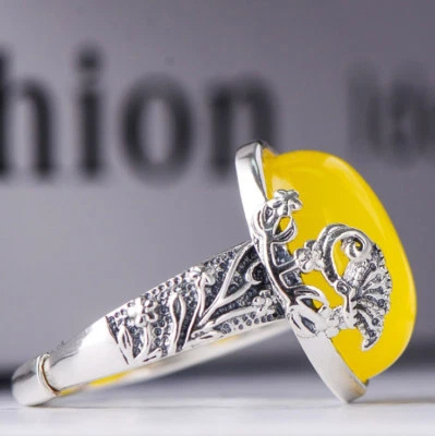 K01 Ring Blüten gelber Chalzedon Sterling Silber 925 größenverstellbar - Bild 1 von 4