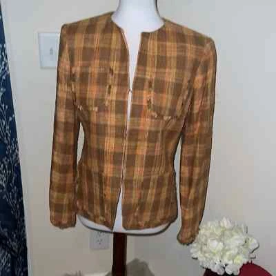 Chaqueta Blazer J. McLaughlin Seda Tweed Cuadros Marrón Naranja Bolsillos talla 6 Foto 1 de 4