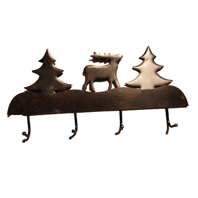 Woodland metal Elk wall hook Entryway Cabin Decor 4 hooks Pine Trees 10"x4"  - Image 1 of 3