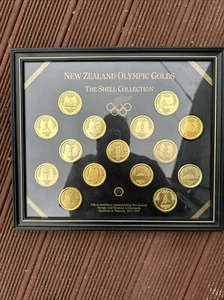 Framed Rare New Zealand Olympic Golds The Shell Collection Fifteen Medallions - Picture 1 of 13