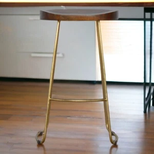 Gold Iron Bar Stool Solid Wood Chestnut Top Handmade Luxury Furniture RRP £295 - Picture 1 of 9
