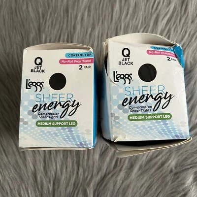 L'eggs Sheer Energy Pantyhose Womens Size Q Large Control Top Jet Black No Roll - Image 1 of 4
