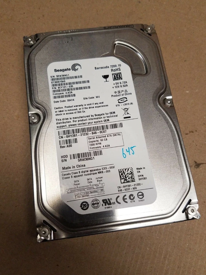 Seagate Desktop Hard Drive SATA ST380815AS 9CY131-035 0HY281 80GB Disk Barracuda - Image 1 of 1