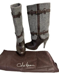 Cole Haan Boot Air Kennedy Tall Leather Heel Platform Wool Buckle Brown Size 8 - Picture 1 of 12