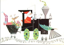 Relaxing Reindeer Deer Santa Claus Train Conductor VTG Christmas Greeting Card