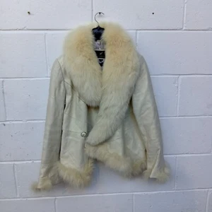 Beautiful Pearlescent Leather Jacket with Large Ivory Fox Fur Collar Size Large - Picture 1 of 14