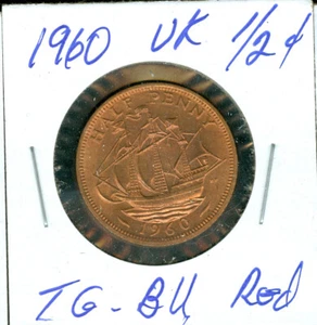 1960 UNITED KINGDOM HALF CENT TOP GRADE GEM BU RED    90 CENTS SHIPPING USA - Picture 1 of 2