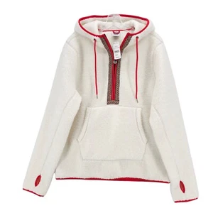 NWT BROOKS BROTHERS Teddy Fleece Hoodie Faux Sherpa White Red Trim MEDIUM - Picture 1 of 10
