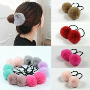 2x Corbatas de pelo de pompón bola de piel banda elástica para el cabello soporte cola de caballo anillo cuerda - Imagen 1 de 32