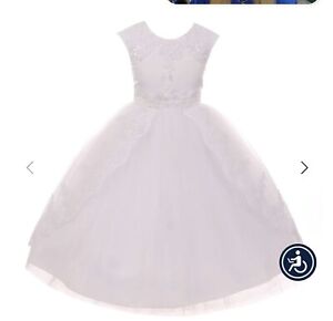 KIDS DREAM Flower Girl Dress Size 4 White Satin Lace Swoop Beaded 7008 Ball Gown