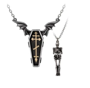 Alchemy Gothic P970 Undying Hommage 2 Stück Halskette Anhänger Skelett Sarg Flügel - Bild 1 von 4