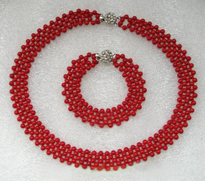 5 Rows 4mm Red Coral Beads White Gold Plated Clasp Weave Necklace Bracelet Set - Image 1 of 3