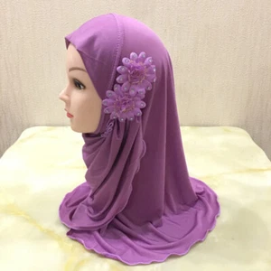 Muslim Girl Plain Hijab Scarf with Flowers for 2-7 Years Old Kids Soft Headscarf - Picture 1 of 29