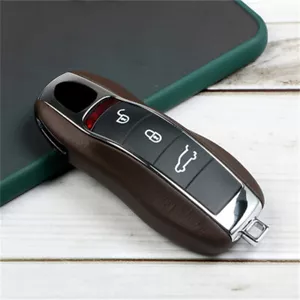 Brązowa strona + chromowane środkowe skórzane etui na klucze do Porsche Macan 2014-2023 - Zdjęcie 1 z 3
