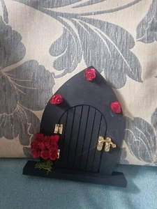 Wooden Fairy Door /black With Red Flowers ...these can be made to order - Picture 1 of 4