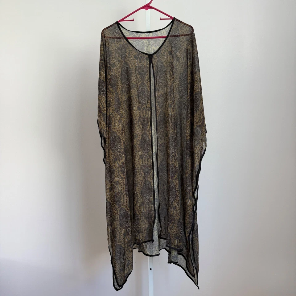 Paisley Sheer Cover-Up Duster Black Trim Beach Pool Resort Kimono - Image 1 of 4