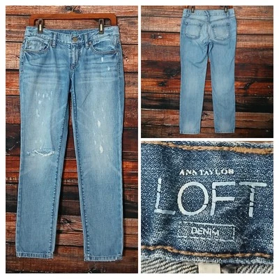 Ann Taylor LOFT Jeans 2 Petite Lean Boyfriend Low Rise Distressed Blue Denim - Image 1 of 4