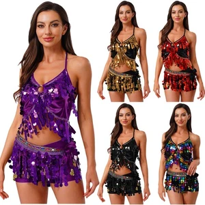 Damen Kleid Tassel Tanzkleidung Strass Kostüm Sexy Bauch Tanz Paillette Halter - Picture 1 of 71