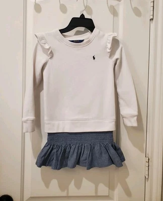 Polo Ralph Lauren Girls Chambray & Fleece Sweatshirt Dress Size Youth 6 - Image 1 of 4
