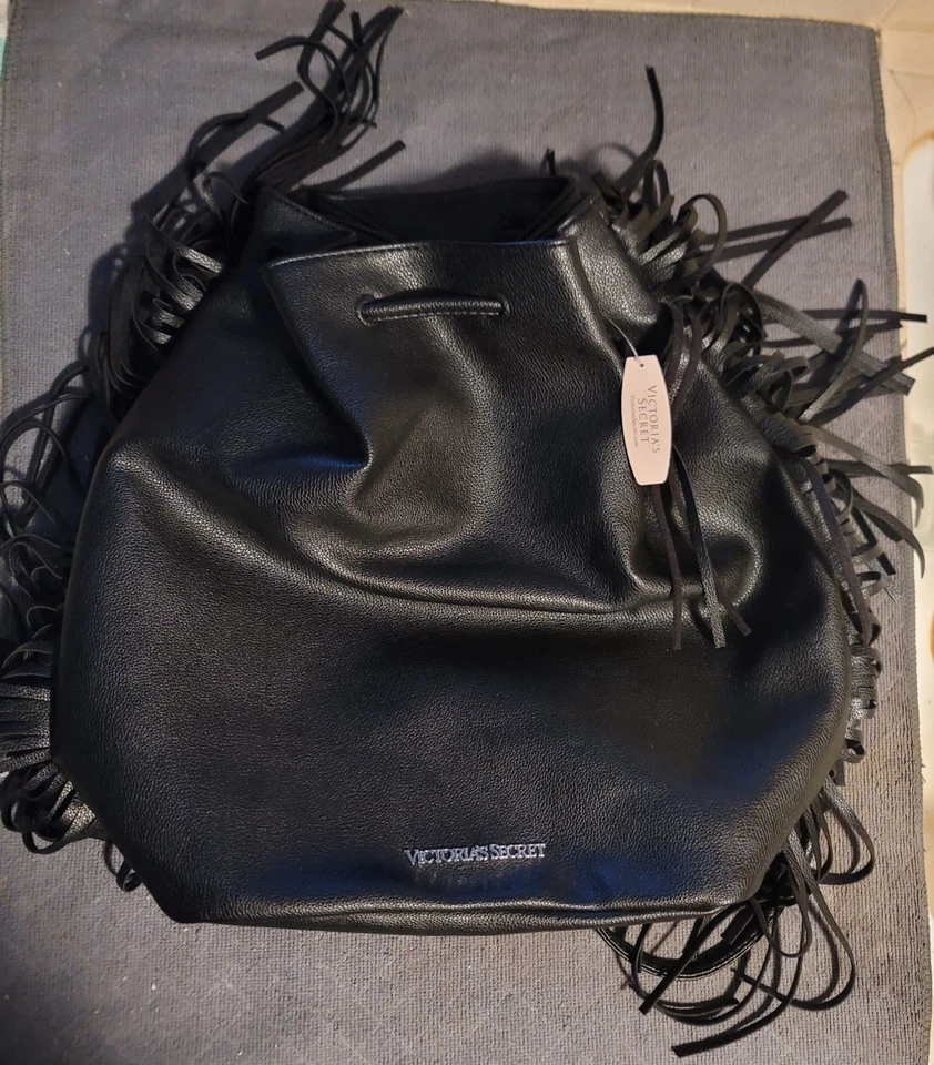 Victoria Secret Backpack Black Drawstring Bucket Bag Fringe Purse NWT - Image 1 of 1