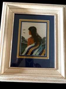 Arte textil nativo americano Shirley Wilmarth hecho a mano tapiz cuadro enmarcado - Imagen 1 de 5
