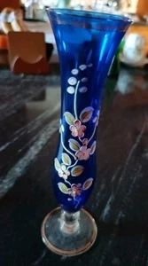 Vintage Cobalt Blue Hand painted Glass Stem Vase - Picture 1 of 2