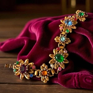 Flower Link Bracelet Multicolor Glass Rhinestone Gold Tone 1940s Vintage Chunky - Picture 1 of 10