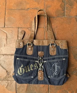 Vintage Y2K Guess Large Denim Tote Handtasche Bling Grunge Glam - Bild 1 von 18