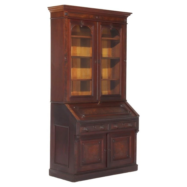 古董文艺复兴核桃和胡桃花秘书桌 C1880 — 第 1/4 张图片