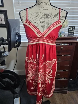 Women's Medium Red/Cream Satiny V-Neck Spaghetti Strap Sundress By Twenty One - Image 1 of 4